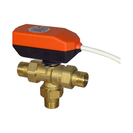 Fast 3-way "t" valve d. 1" type all/nothing connections union w/motor 2 wires 1 auxiliary contact ap 12" 230vac